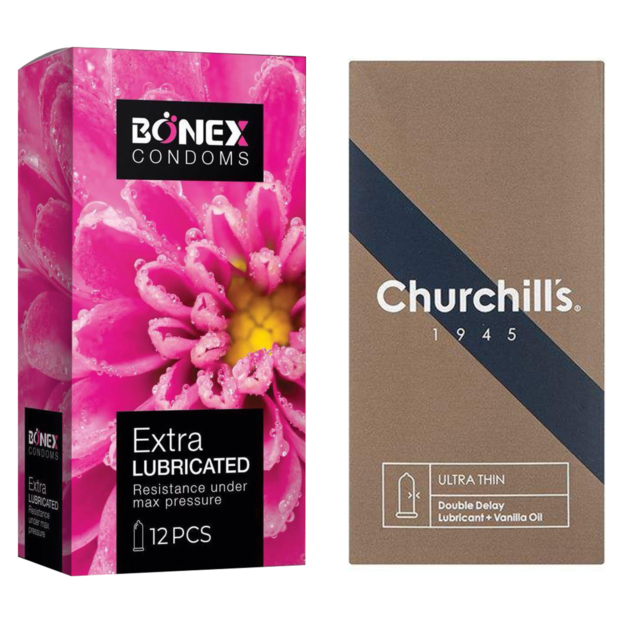 کاندوم چرچیلز مدل Ultra Thin Double Delay بسته 12 عددی به همراه کاندوم بونکس مدل Extra Lubricated بسته 12 عددی 