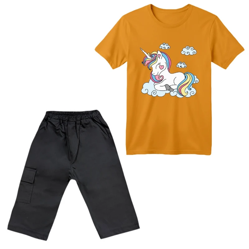 ست تی‌شرت آستین کوتاه و شلوارک دخترانه مدل یونیکورن کد ۱۷ رنگ پرتقالی