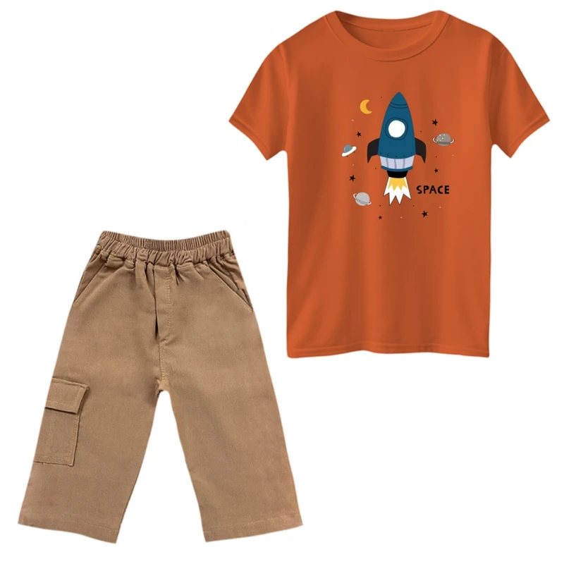 ست تی‌شرت و شلوارک پسرانه مدل موشک و فضا