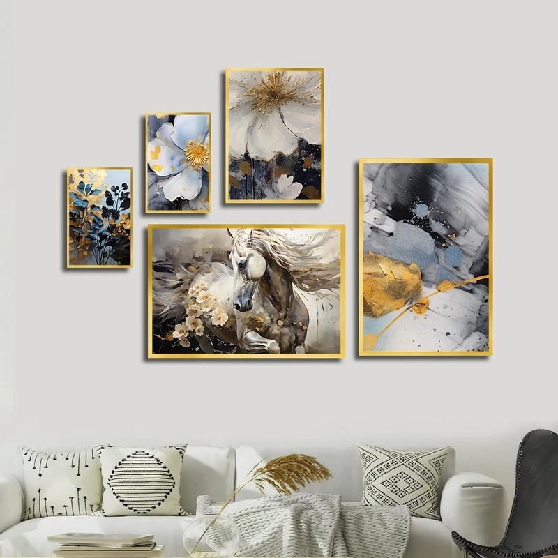 تابلو بکلیت طرح نقاشی رنگ روغن گل و اسب مدل شاین اکلیلی T-2421 مجموعه 5 عددی