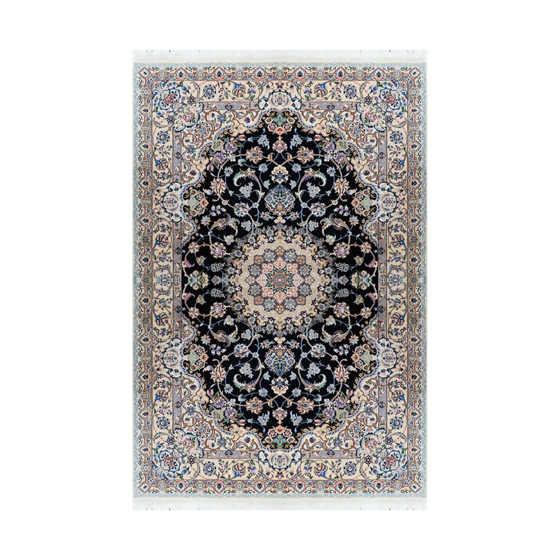 فرش دستبافت ۴ متری مدل لچک و ترنج نایین ۹لا کد 895 زمینه سرمه ای