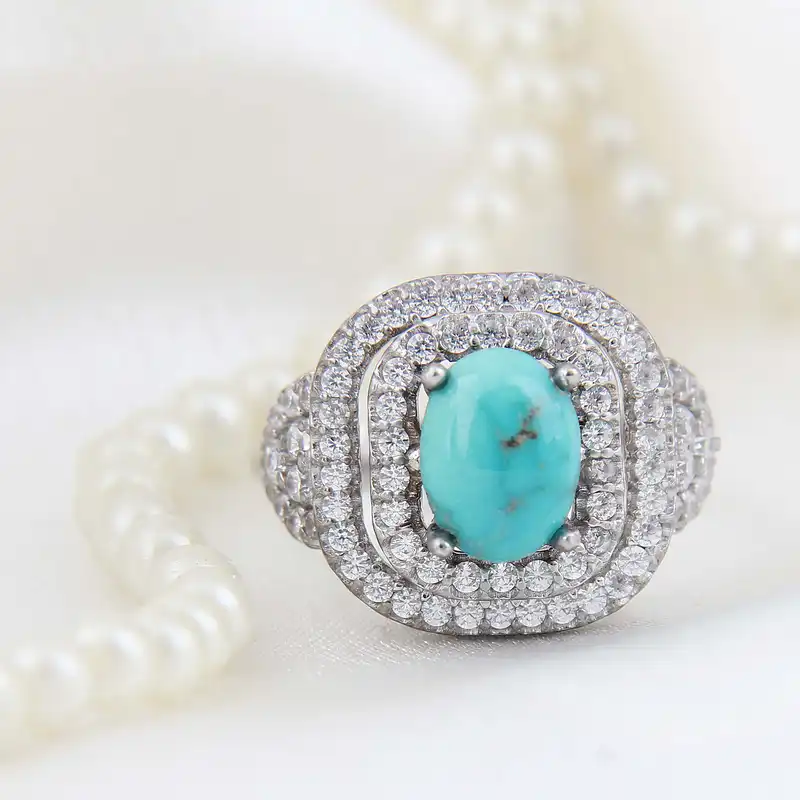 انگشتر نقره زنانه بازرگانی میلادی مدل فیروزه طبیعی نیشابور روکش رادیوم کد AWR_1633