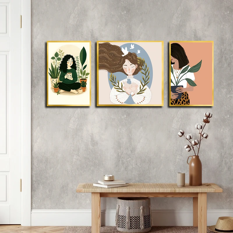 تابلو بکلیت طرح نقاشی فانتزی و مدرن مدل T-3710 فریم طلایی مجموعه 3 عددی