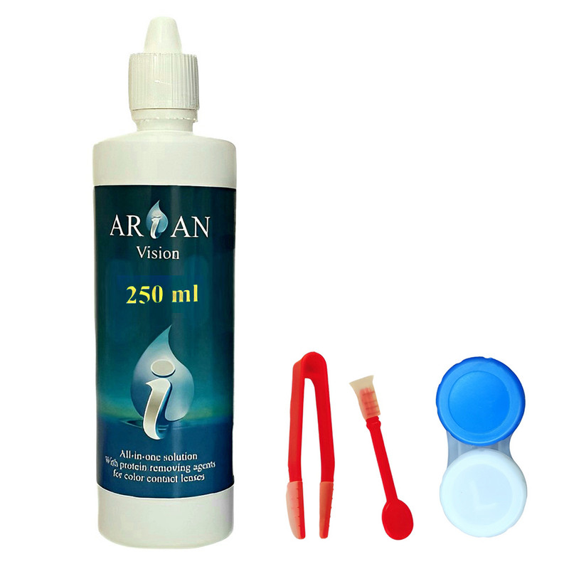مایع شستشوی لنز آرین ویژن مدل All in one حجم 250 میلی لیتر به همراه اپلیکاتور و محفظه نگهداری لنز