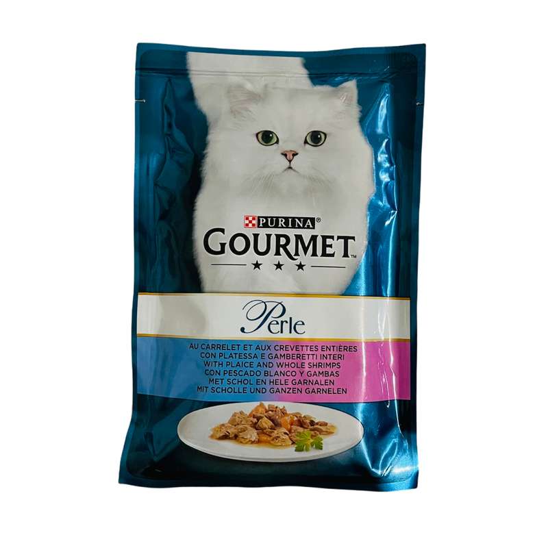 غذای پوچ گربه گورمت مدل perle WITH PLAICE AND WHOLE SHRIMPS وزن 100 گرم