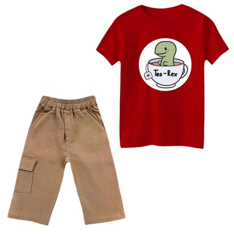 ست تی‌شرت و شلوارک پسرانه مدل دایناسور و چای