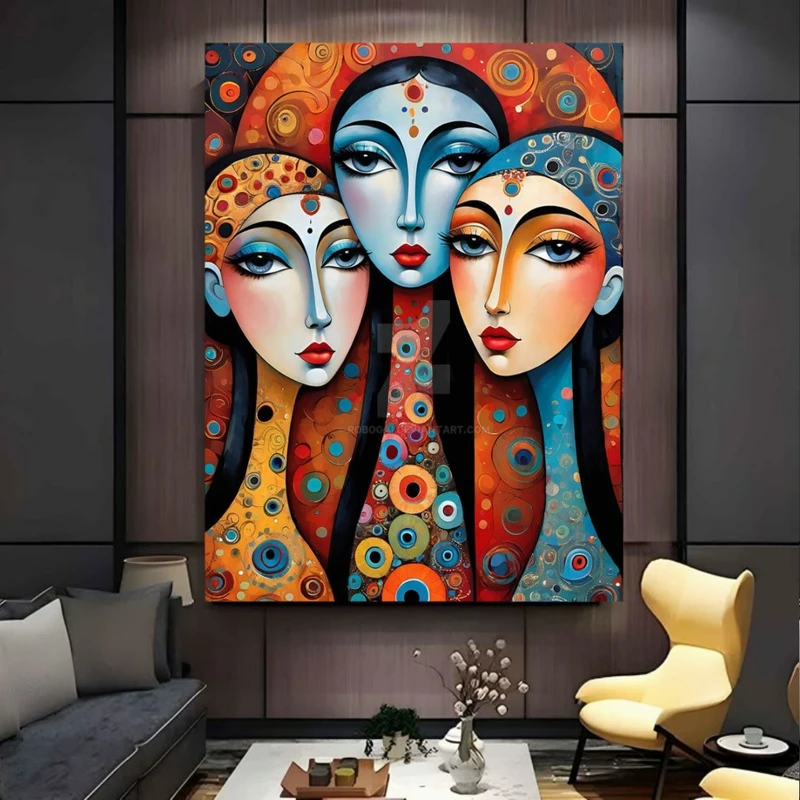 تابلو بوم طرح مخمل نقاشی مدل سه بانوی رنگارنگ کد BK2507