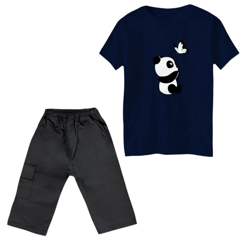 ست تی‌شرت و شلوارک پسرانه مدل پاندا و پروانه رنگ سورمه ای