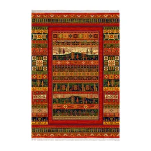 فرش ماشینی 1000 شانه زانیس زمینه قرمز لاکی حاشیه سبز کرم مدل چاپی