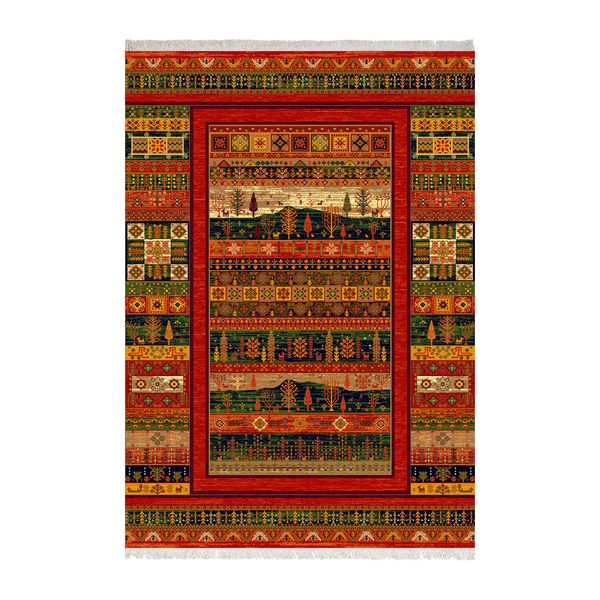 فرش ماشینی 1000 شانه زانیس زمینه قرمز لاکی حاشیه سبز کرم مدل چاپی