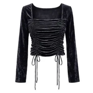 کراپ بلوز آستین بلند یقه خشتی زنانه مدل چیندار 1111