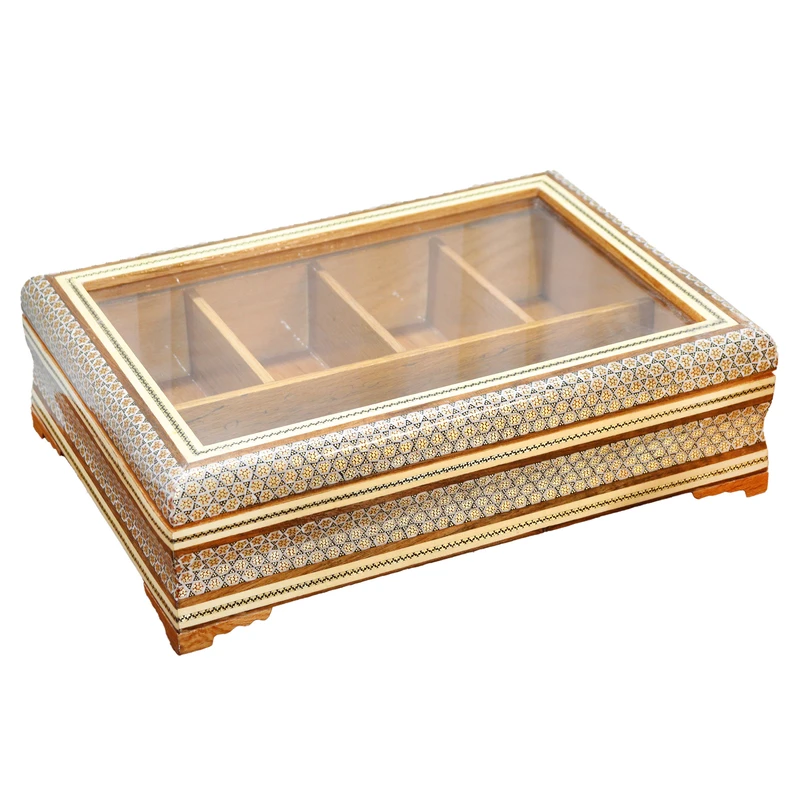 جعبه تی بگ خاتم کاری چوبی صنایع دستی فاخر کد HQGold