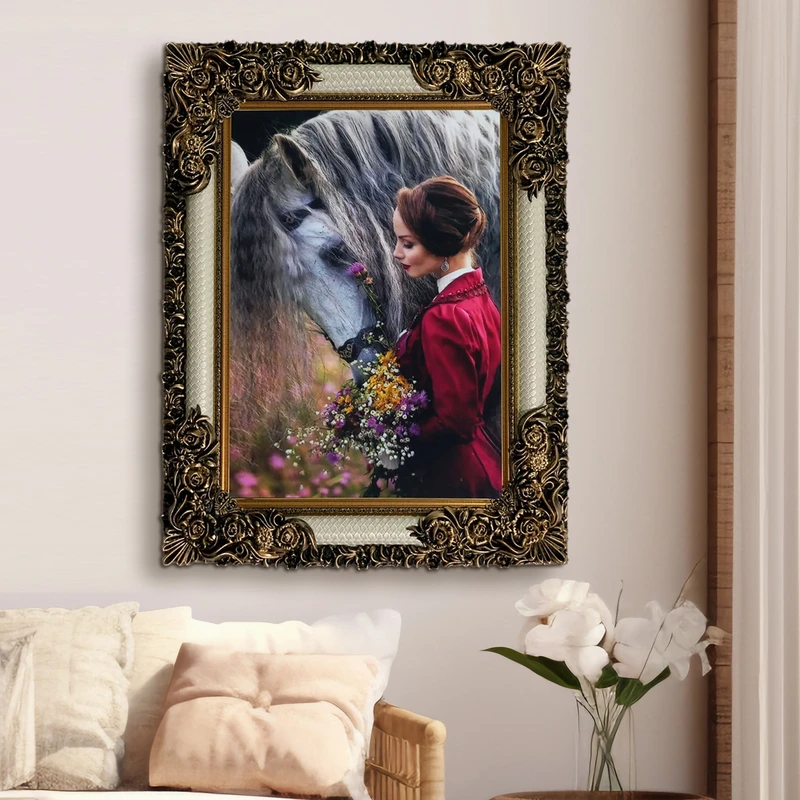 تابلو فرش ماشینی طرح دستبافت مدل دختر و اسب کد 8688