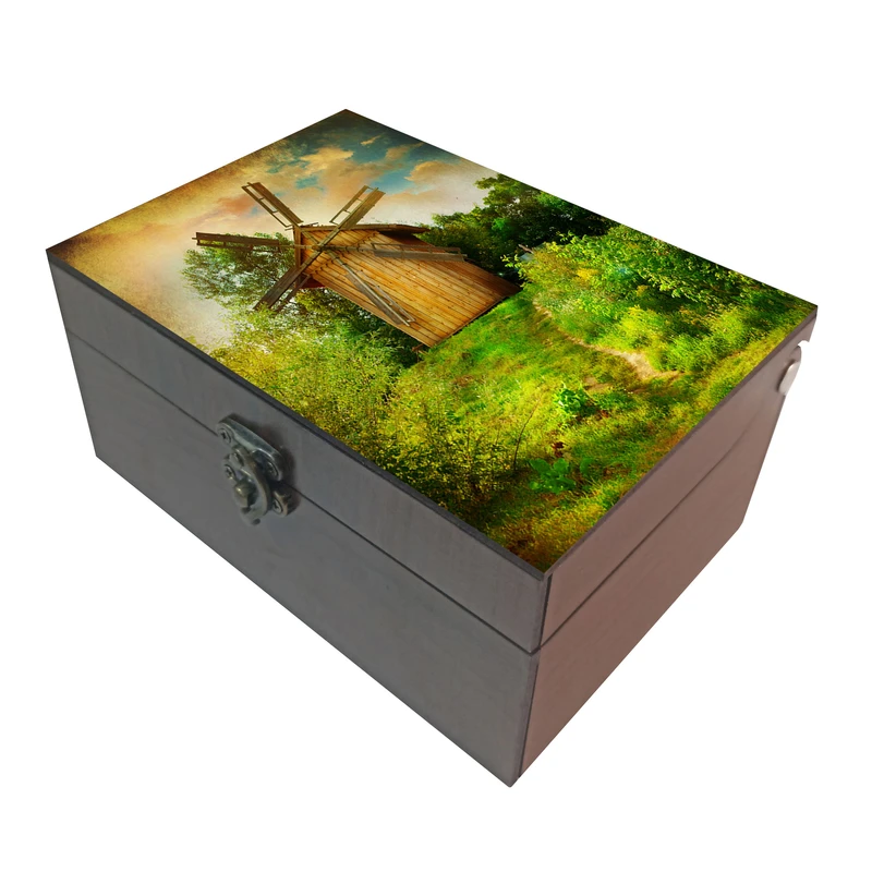 جعبه هدیه چوبی مدل J019 طرح نقاشی منظره مزرعه