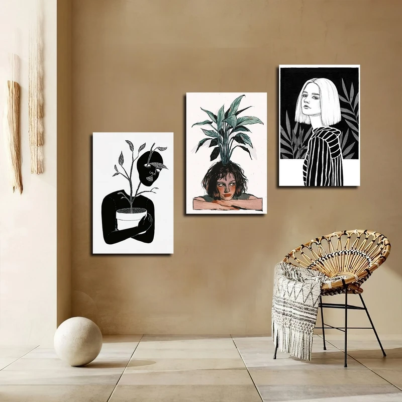 تابلو شاسی بکلیت طرح نقاشی مینیمال چهره و برگ مدل SH-2329 مجموعه 3 عددی