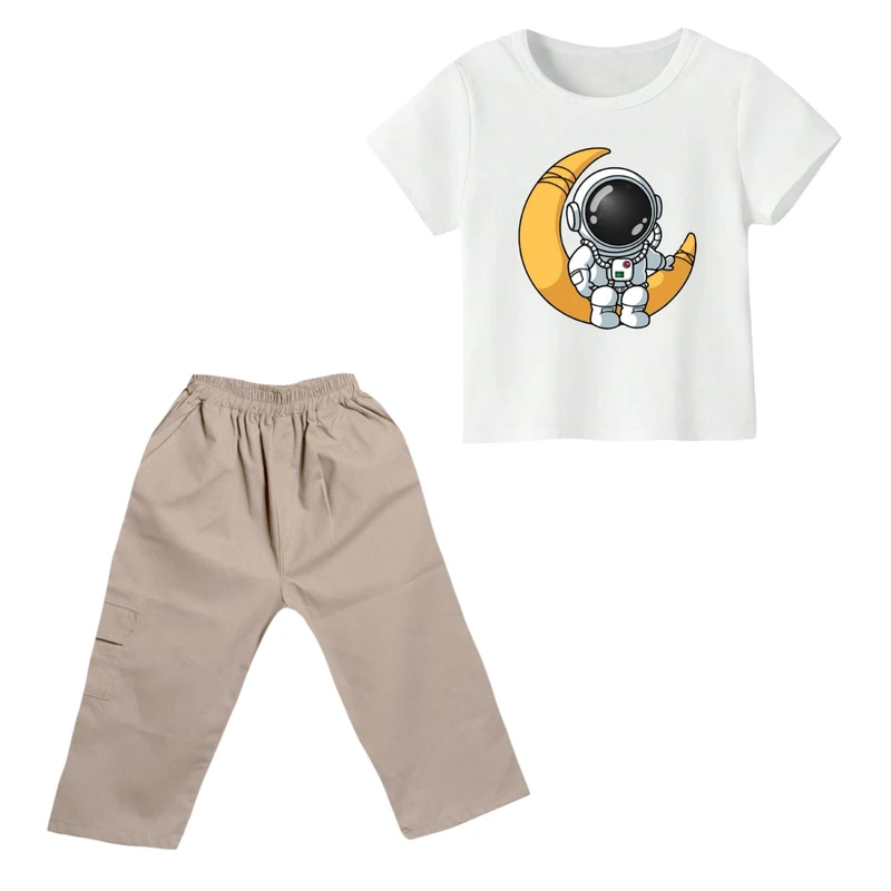 ست تی شرت و شلوارک پسرانه مدل فضانورد کد ۱۱  رنگ سفید