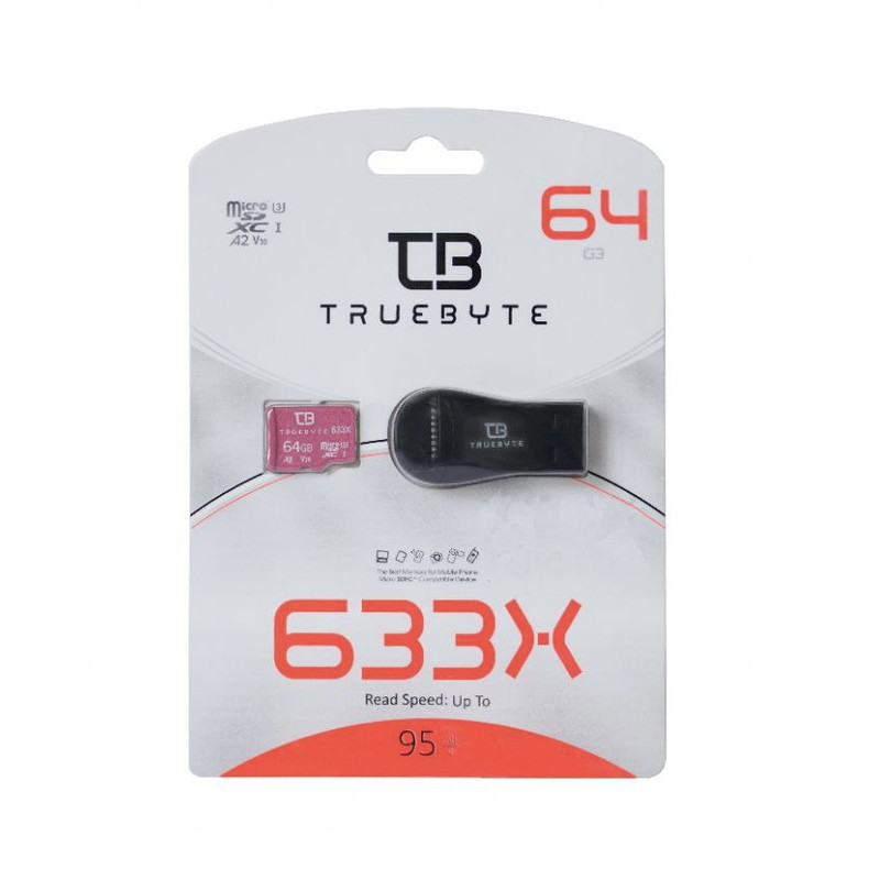 کارت حافظه microSD XC تروبایت مدل 633X-A2-V30 کلاس 10 استاندارد UHS-I U3 سرعت 95MBps ظرفیت 64 گیگابایت به همراه کارت‌خوان