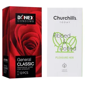 کاندوم چرچیلز مدل Pleasure Her بسته 12 عددی به همراه کاندوم بونکس مدل General Classic بسته 12 عددی 