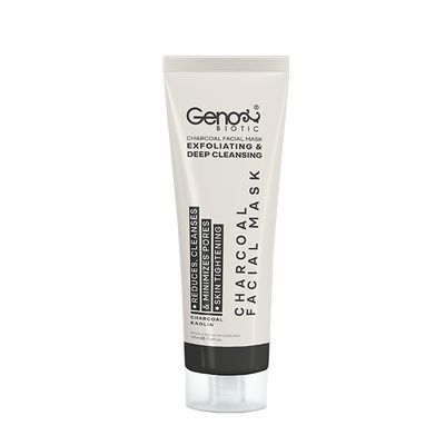 ماسک صورت و گردن ژنوبایوتیک مدل زغال حجم 100 میلی‌لیتر، لایه‌بردار و ضد جوش، پاکسازی عمقی پوست با کربن فعال و عصاره آلوئه باربادنسیس، کاهش چربی و جمع‌کننده منافذ، مناسب انواع پوست