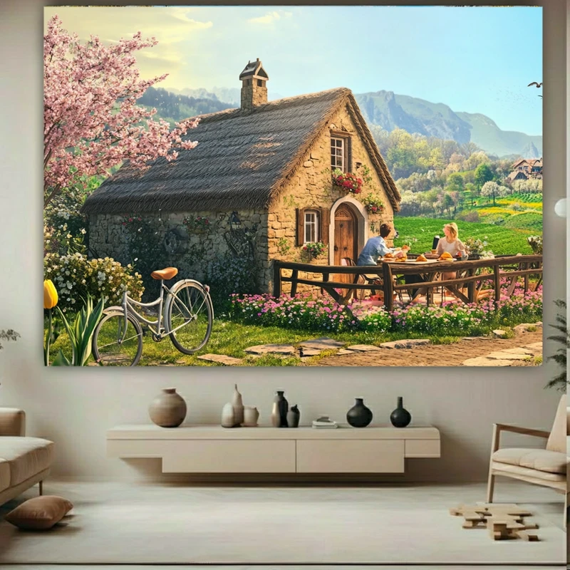 پوستر پارچه ای طرح مخمل  صبحانه مدل کلبه و طبیعت کد BK27449