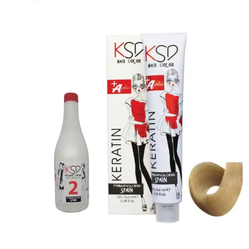 کرم اکسیدان کی اس دی مدل 01 نه درصدی حجم 150 میلی لیتر به همراه رنگ مو کی اس دی شماره 10/5 حجم 100 میلی لیتر رنگ طلایی پلاتینه