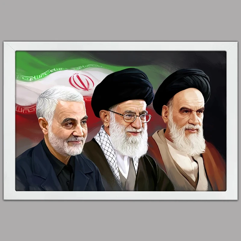 تابلو بکلیت طرح امام خمینی و رهبر معظم آیت الله خامنه ای و سردار شهید حاج قاسم سلیمانی مدل W-po2035 فریم سفید