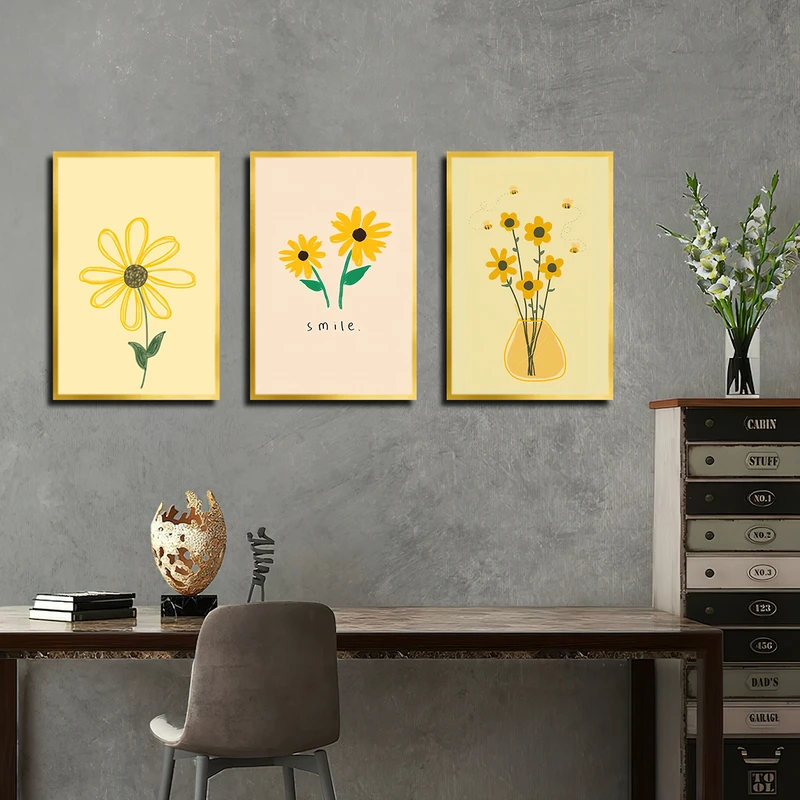 تابلو بکلیت طرح نقاشی گل آفتابگردان مدل T-3737 فریم طلایی مجموعه 3 عددی