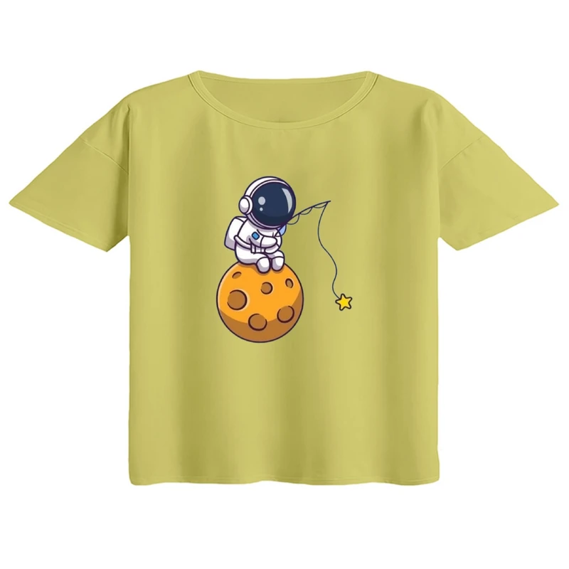 کراپ تی‌شرت آستین کوتاه زنانه مدل فضانورد و ماه کد۳