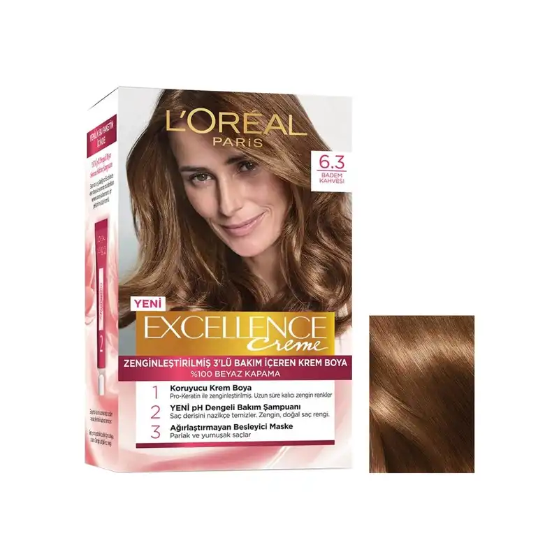 کیت رنگ مو لورآل مدل Excellence شماره 6.3 حجم 48 میلی لیتر رنگ قهوه ای بادامی