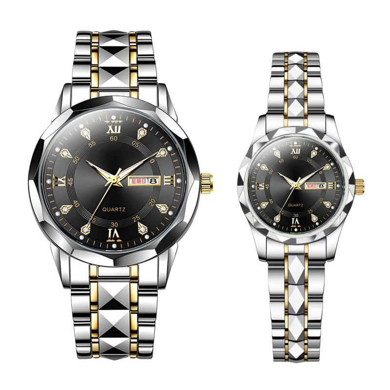 ست ساعت مچی عقربه‌ای زنانه و مردانه مدل کوارتز کلاسیک دی دیت بند استیل طرح تراش الماسی کد C11