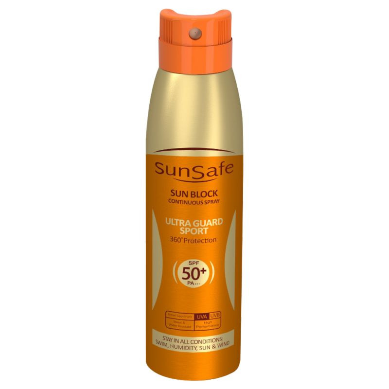 اسپری ضد آفتاب بی رنگ سان سیف +SPF50 مدل Ultra Guard مناسب انواع پوست حجم 150 میلی لیتر