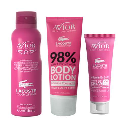 کرم مرطوب کننده آویور مدل lacoste touch of pink حجم 75 میلی لیتر  به همراه لوسیون بدن و اسپری بدن