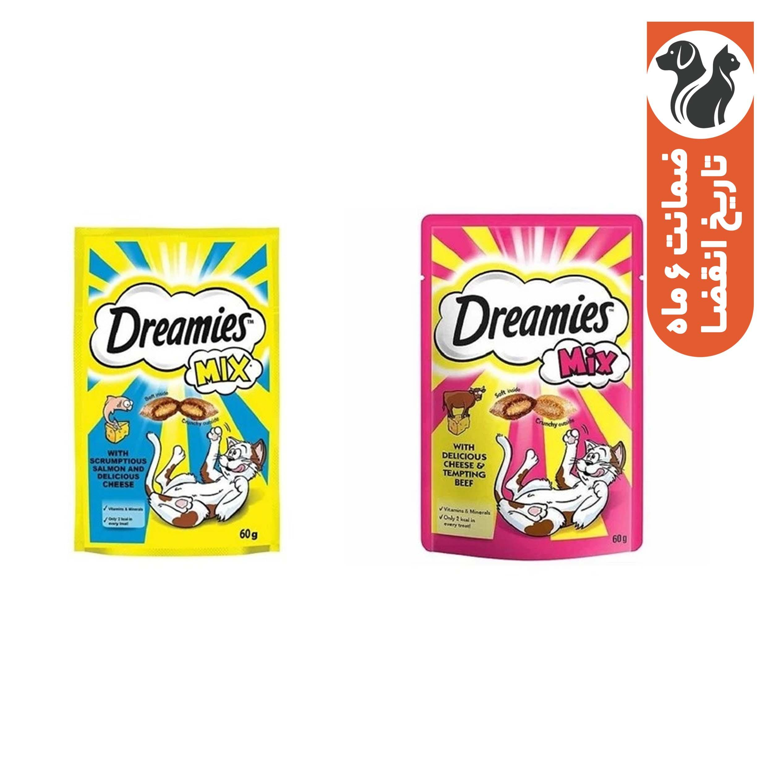 تشویقی گربه دریمیز مدل میکس ماهی و پنیر و گوشت و پنیر وزن 60 گرم دو عددی