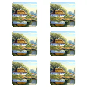 زیر لیوانی مدل Z1012 طرح نقاشی منظره برکه و قایق و کلبه و جنگل بسته شش عددی