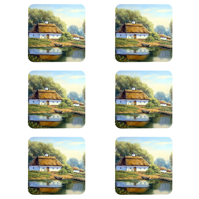 زیر لیوانی مدل Z1012 طرح نقاشی منظره برکه و قایق و کلبه و جنگل بسته شش عددی