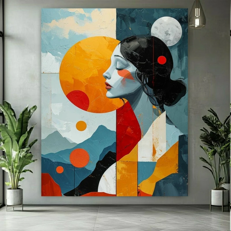 تابلو بوم طرح مخمل چهره مدل نیمرخ زن و خورشید کد FP106372