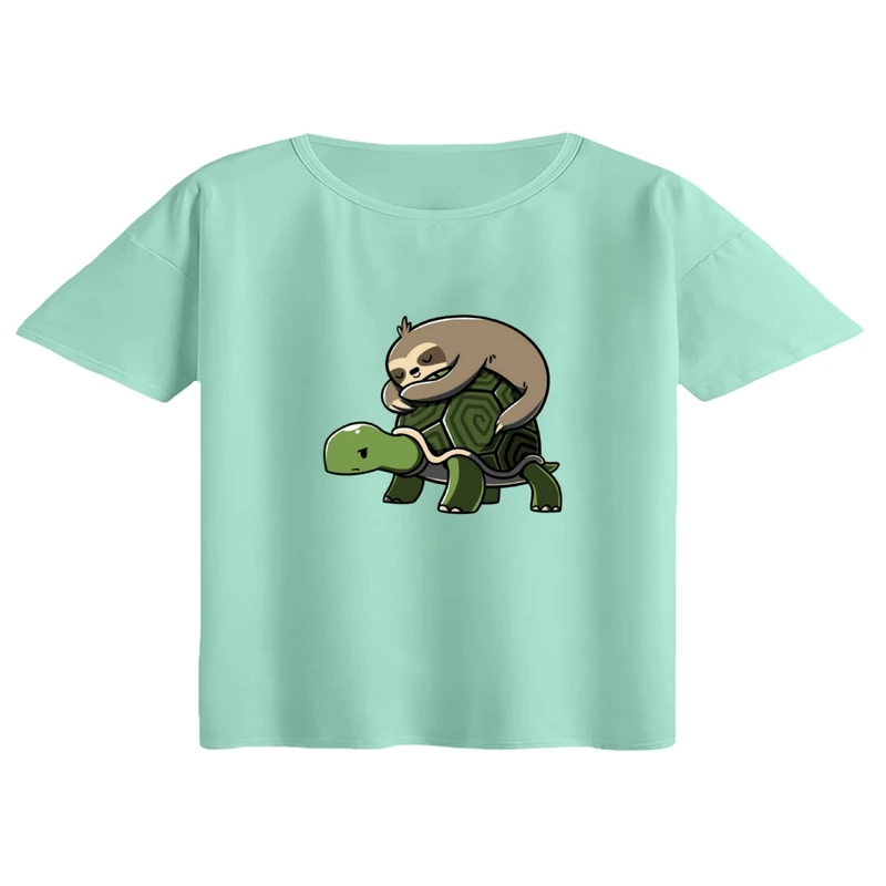 کراپ تی‌شرت آستین کوتاه زنانه مدل لاکپشت و تنبل