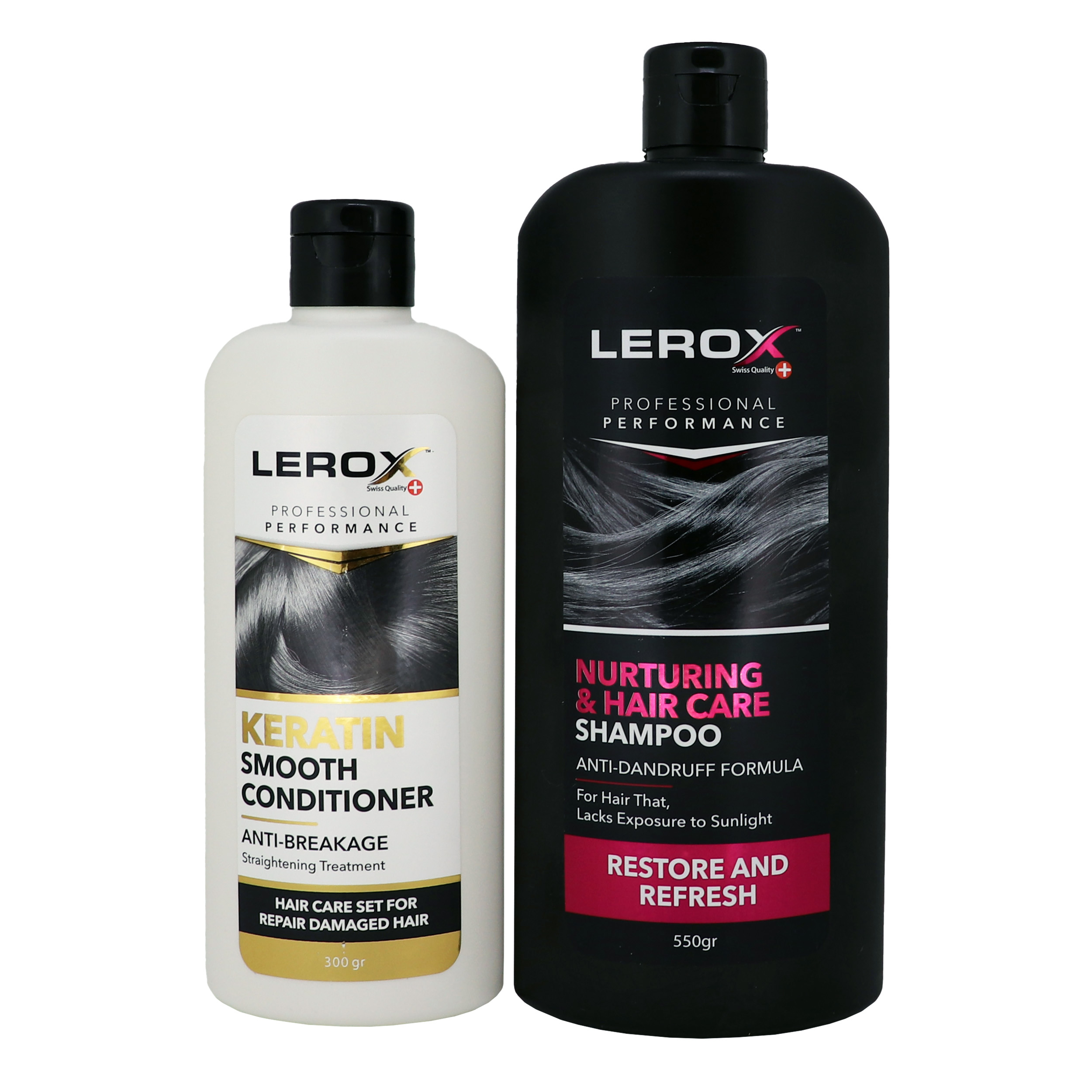 شامپو مو لروکس مدل Nurturing & Hair Care حجم 550 میلی لیتر به همراه نرم کننده مو لروکس مدل Keratin حجم 300 میلی لیتر