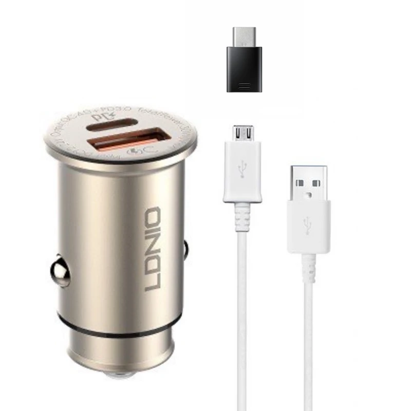 شارژر فندکی 30 وات الدینیو مدل C506Q به همراه کابل تبدیل USB-C / microUSB