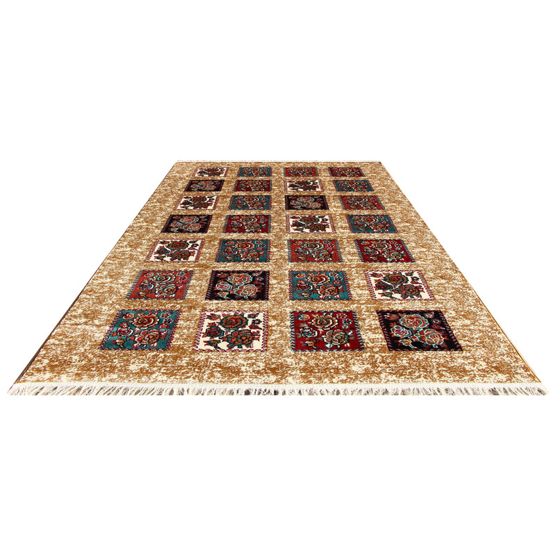 فرش ماشینی نیروانا طرح گبه کد 773 زمینه کرم شکلاتی