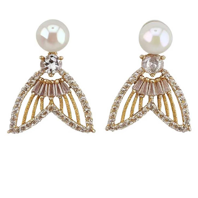 گوشواره میخی زنانه مدل دم پری دریایی مرواریدی نگین‌دار