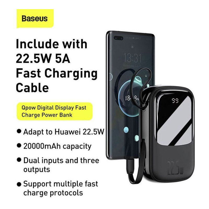 پاوربانک 22.5 وات  باسئوس مدل Qpow Digital Display ظرفیت 20000 میلی آمپر ساعت