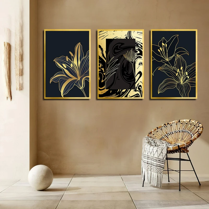 تابلو بکلیت طرح نقاشی گل طلایی مدل شاین اکلیلی T-3160 مجموعه 3 عددی