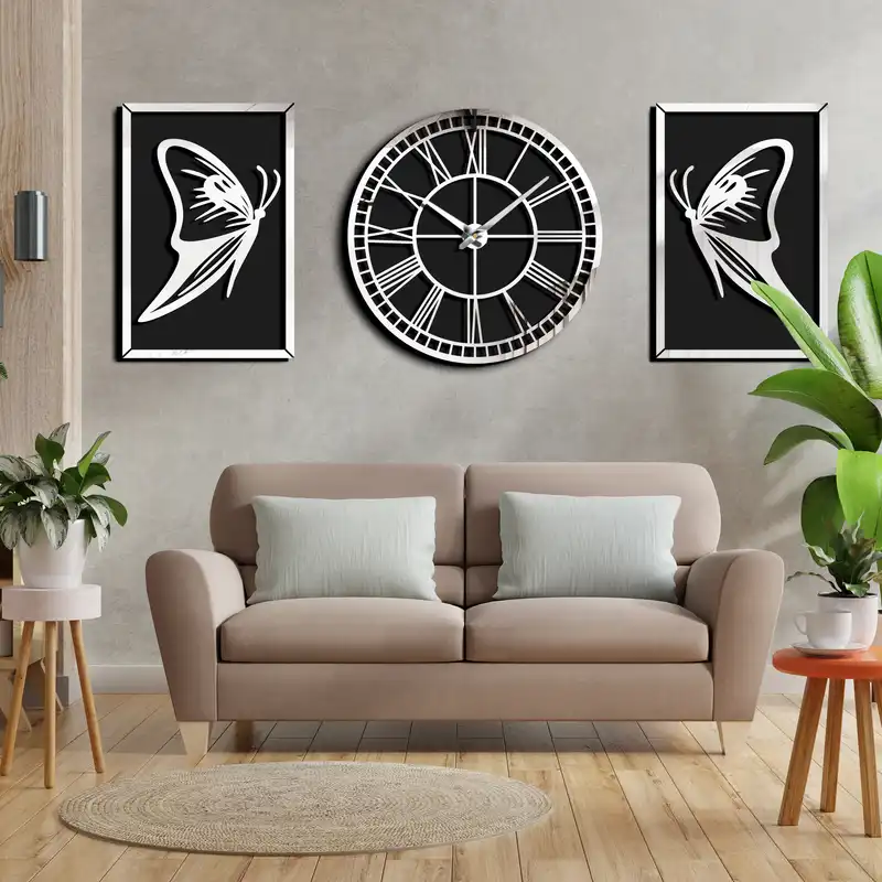 تابلو آینه النسی مدل پروانه بسته دو عددی به همراه ساعت