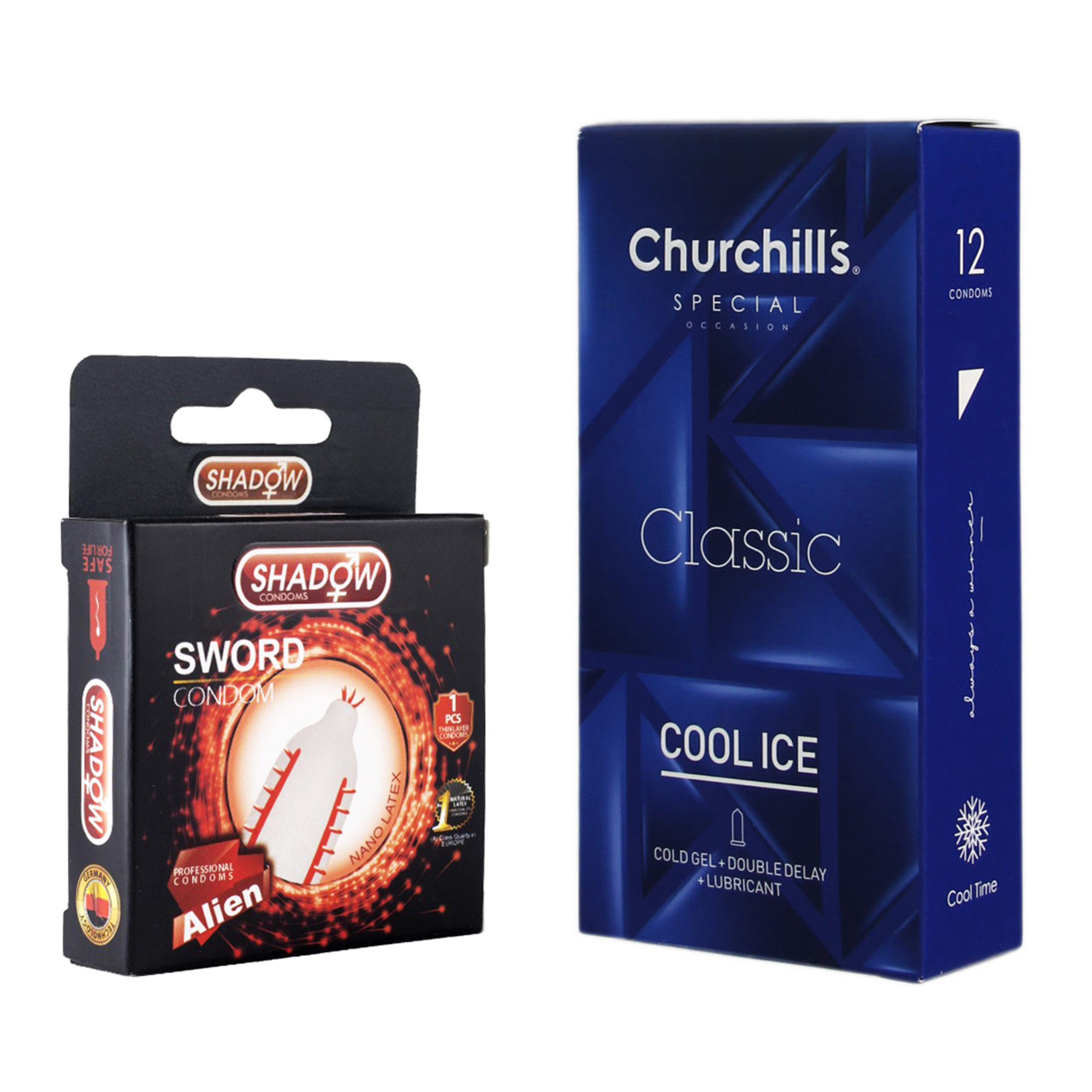کاندوم چرچیلز مدل Cool Ice بسته 12 عددی به همراه کاندوم شادو مدل Sword