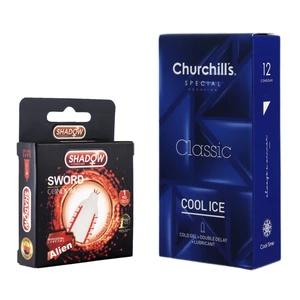کاندوم چرچیلز مدل Cool Ice بسته 12 عددی به همراه کاندوم شادو مدل Sword