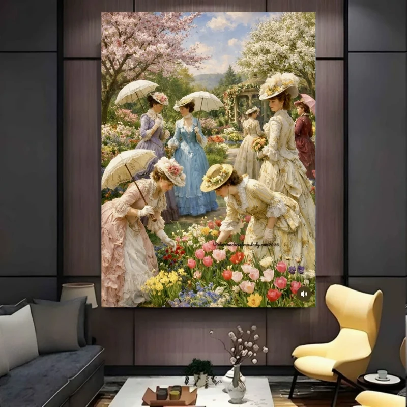 پوستر پارچه ای طرح مخمل  کلسیک مدل بانوان در باغ بهاری کد PY1134