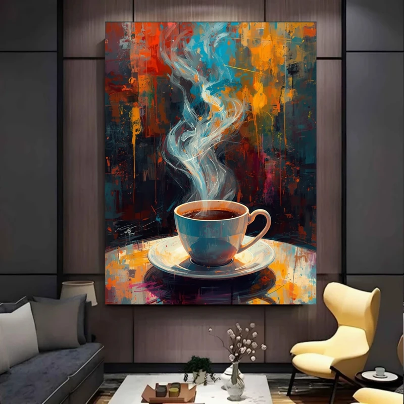 پوستر پارچه ای طرح مخمل  نقاشی مدل فنجان قهوه داغ کد BK57872