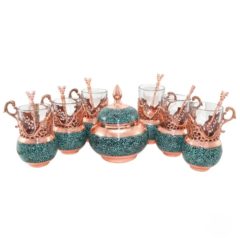 سرویس چای خوری 8 پارچه فیروزه کوبی مسی کد DH-1010