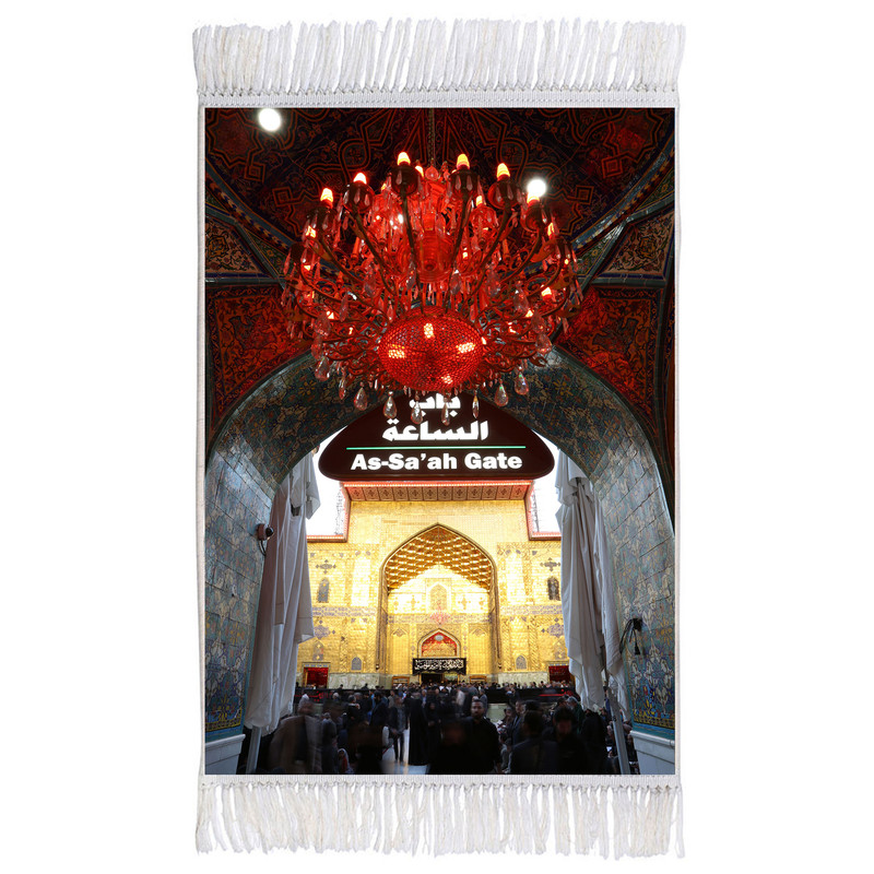 فرش ماشینی دیوارکوب اطلس آبی مدل حرم حضرت علی و باب ساعت کد T4094 